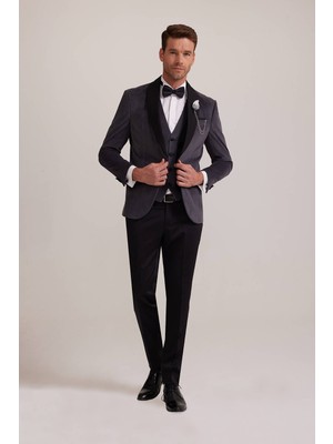 Erkek Gri Şal Yaka Yelekli Slim Fit Damatlık