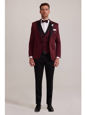 Erkek Bordo Kırlangıç Yaka Yelekli Slim Fit Desenli Damatlık