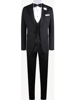Erkek Siyah Kırlangıç Yaka Yelekli Slim Fit Desenli Damatlık