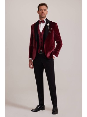 Erkek Bordo Şal Yaka Yelekli Slim Fit Damatlık