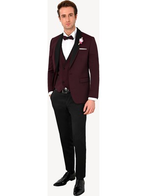 Erkek Bordo Slim Fit Yelekli Çıkma Şal Yaka Damatlık