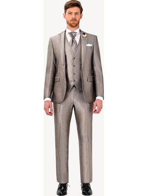 Erkek Gri Kırlangıç Yaka Yelekli Desenli Slim Fit Damatlık