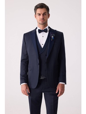 Erkek Lacivert Çıkma Kırlangıç Yaka Slim Fit Desenli Damatlık
