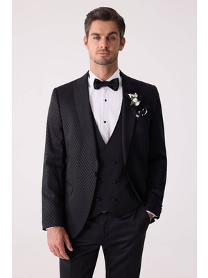 Erkek Siyah Kırlangıç Yaka Yelekli Desenli Slim Fit Damatlık