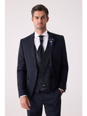 Erkek Lacivert Çıkma Şal Yaka Slim Fit Damatlık