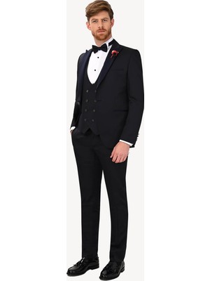 Ysf Erkek Lacivert Slim Fit Yelekli Çıkma Şal Yaka Damatlık