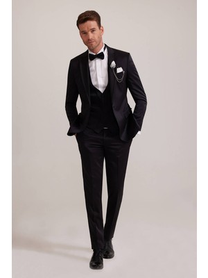 Erkek Siyah Yelekli Kırlangıç Yaka Slim Fit Damatlık
