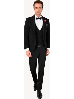 Erkek Siyah Slim Fit Şal Yaka Yelekli Damatlık
