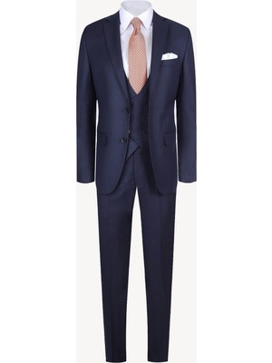 Erkek Lacivert Slim Fit Yelekli Kareli Takım Elbise