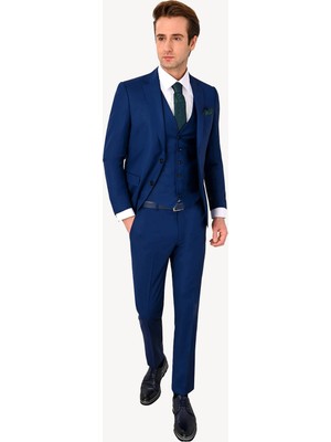 Erkek Lacivert Slim Fit Kareli Yelekli Takım Elbise