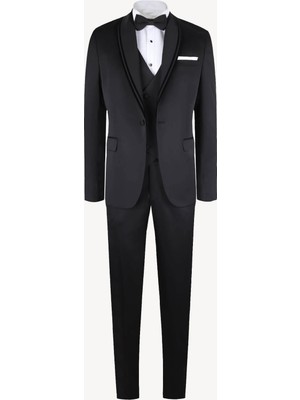 Erkek Siyah Slim Fit Yelekli Şal Yaka Damatlık
