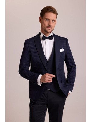Erkek Lacivert Kırlangıç Yaka Yelekli Desenli Slim Fit Damatlık