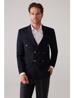 Ysf Erkek Koyu Lacivert Slim Fit Yün Puntolu Kruvaze Blazer Ceket