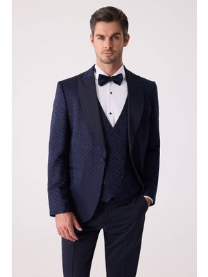 Erkek Lacivert Damatlık Slim Fit Kırlangıç Yaka Desenli