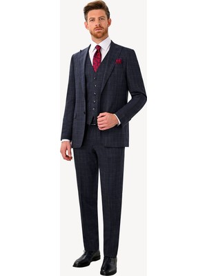 Erkek Lacivert Regular Fit Sivri Yaka Yelekli Takım Elbise