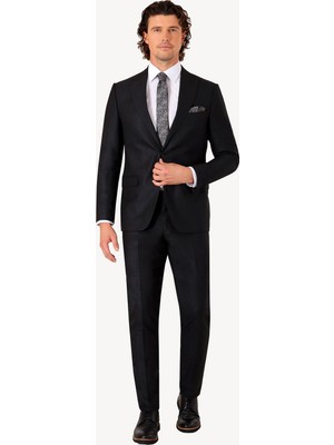 Erkek Siyah Gri Slim Fit Sivri Yaka Takım Elbise