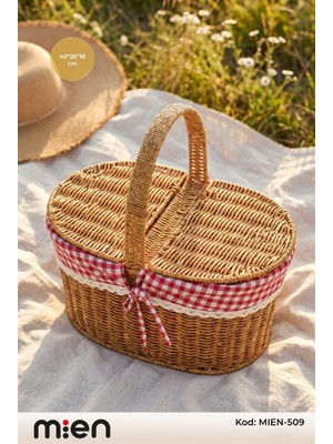 MİEN Rattan Hasır Oval Piknik Sepeti 40X26X18 cm