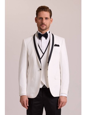 Erkek Krem Slim Fit Yelekli Şal Yaka Damatlık