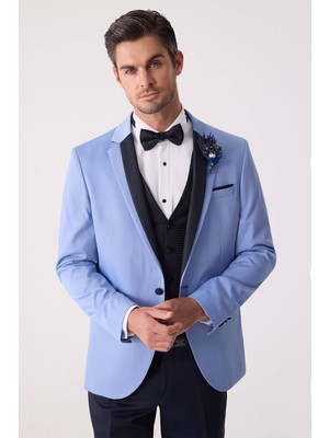 Erkek Mavi Slim Fit Yelekli Damatlık