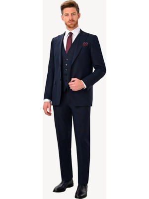 Erkek Lacivert Regular Fit Sivri Yaka Yelekli Takım Elbise