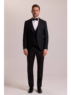 Ysf Erkek Siyah Damatlık Slim Fit Kırlangıç Yaka Desenli