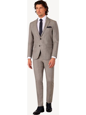 Erkek Bej Slim Fit Kareli Takım Elbise