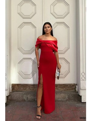 Veraura Lifestyle Kadın Zarif Tasarım Esnek Saten Kumaş Carmen Yaka Yırtmaçlı Abiye Elbise