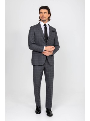 Erkek Gri Regular Fit Ekose Desenli Takım Elbise