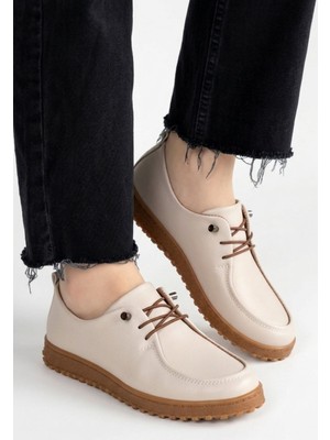 Shoegar Guot Bej Cilt Bağcıklı Babet Ayakkabı