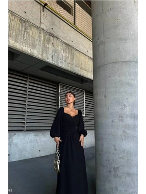 Veraura Lifestyle Kadın Şık Detay Saten Kumaş Kare Yaka Maxi Abiye Elbise
