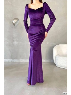 Veraura Lifestyle Kadın Kare Yaka Balık Kesim Uzun Kollu Abiye Elbise