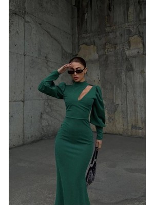 Veraura Lifestyle Kadın Trend Model Simli Kumaş Degaje Yaka Dekolteli Maxi Abiye Elbise