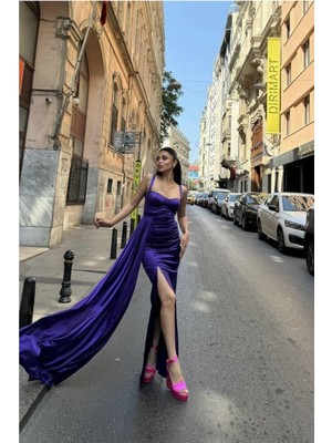 Veraura Lifestyle Kadın Trend Saten Kumaş Kalp Yaka Yırtmaçlı Maxi Abiye Elbise