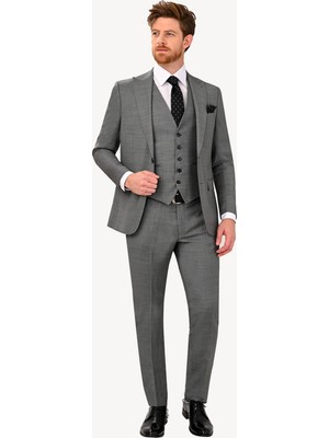 Ysf Erkek Gri Sivri Yaka Slim Fit Yelekli Takım Elbise
