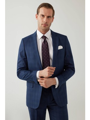 Erkek Lacivert Regular Fit Kareli Çift Yırtmaçlı Takım Elbise