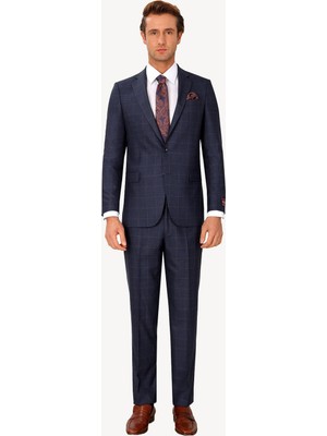 Erkek Lacivert Regular Fit Kareli Takım Elbise