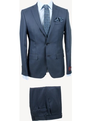 Erkek Lacivert Kareli Slim Fit Ekose Takım Elbise