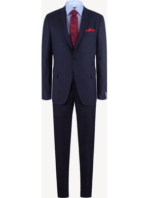 Erkek Lacivert Kareli Yünlü Slim Fit Takım Elbise