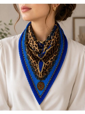 Bymiel Kadın Saks Mavi Piliseli Fular 90X40 cm – Leopar Desenli Boyun ve Saç Fuları