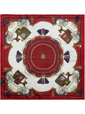 Bymiel Kadın 90X90 cm Kırmızı Ekru Fayton Zincir ve Püskül Desenli Saten Fular