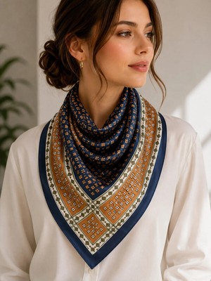 Bymiel Kadın 70X70 cm Lacivert Taba Geometrik Desenli Saten Fular