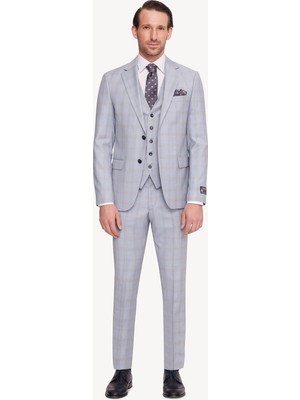 Erkek Gri Mavi Slim Fit Mono Yaka Yelekli Takım Elbise