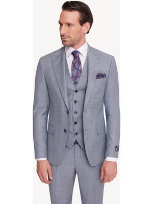 Erkek Mavi Slim Fit Sivri Yaka Yelekli Takım Elbise