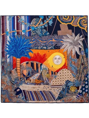 Bymiel Kadın 70X70 cm Lacivert Turuncu Tropikal Safari Desenli Saten Fular