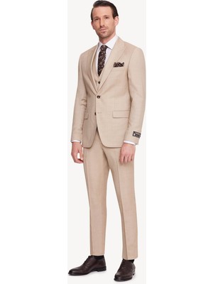 Erkek Bej Slim Fit Sivri Yaka Takım Elbise