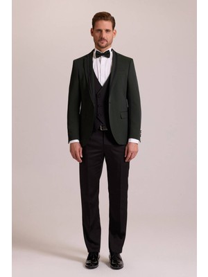 Erkek Yeşil Slim Fit Şal Yaka Yelekli Damatlık