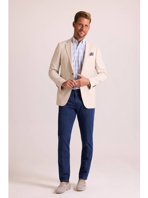 Ysf Erkek Bej Regular Fit Mono Yaka Keten Ceket