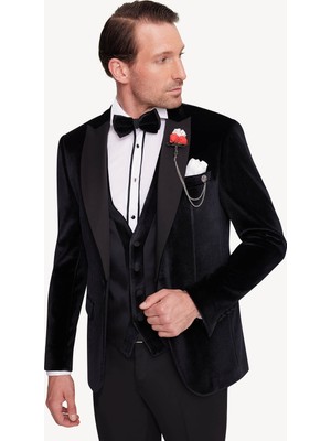 Erkek Siyah Slim Fit Sivri Yaka Kadife Damatlık