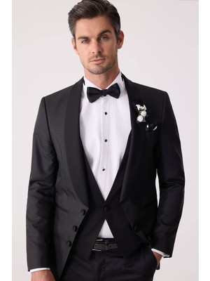 Erkek Siyah Yelekli Şal Yaka Slim Fit Damatlık