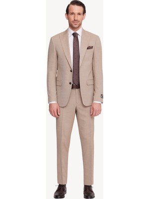 Erkek Bej Slim Fit Sivri Yaka Takım Elbise